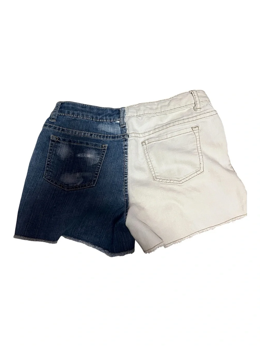 Girls Sz 14 distressed multi color two toned jean shorts embellished studs .